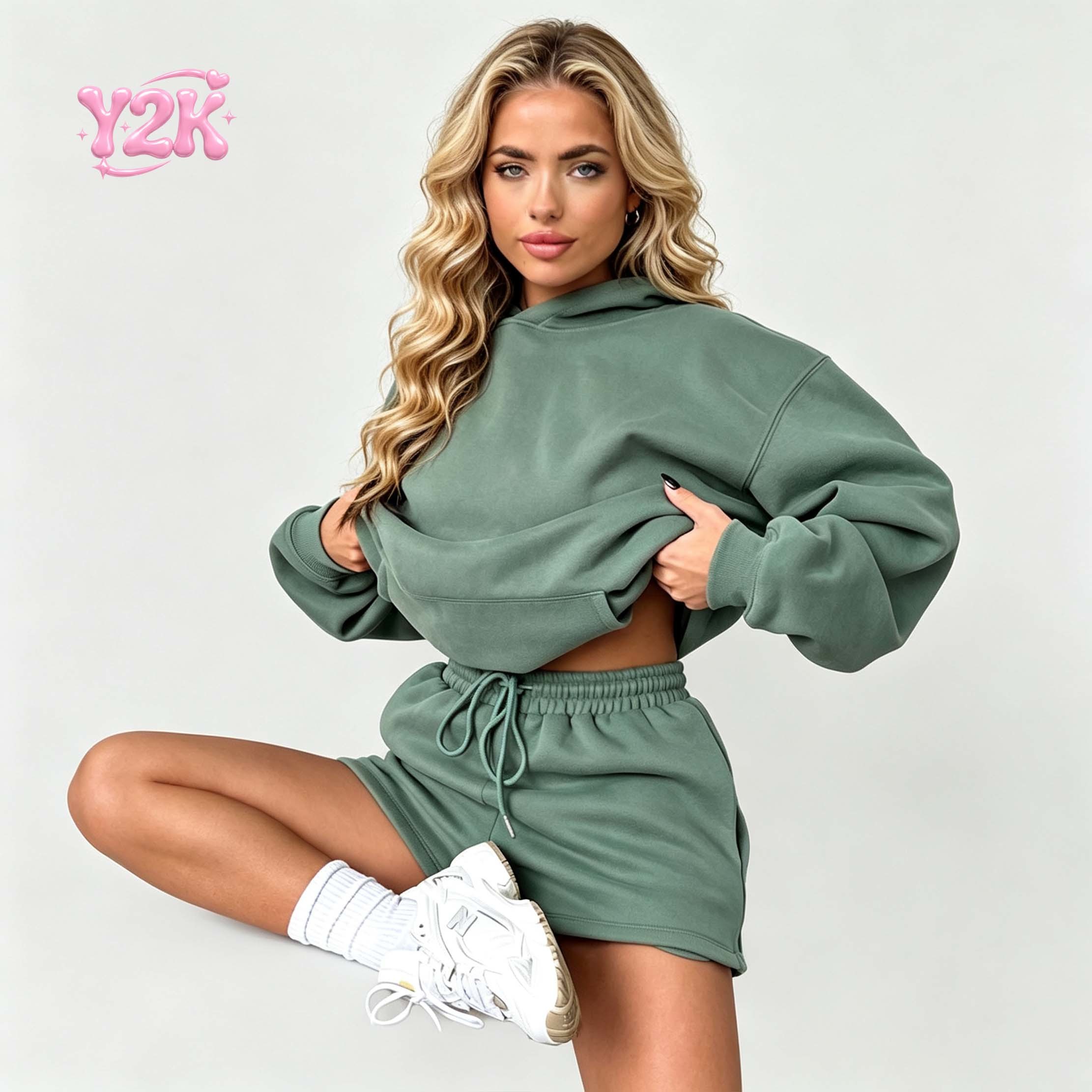Custom Sage Green Oversized Hoodie & Shorts Loungewear Set
