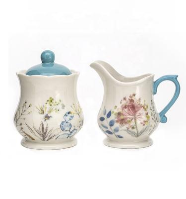Modern Kitchen Sugar And Creamer Set Container Decal In Glaze Ceramic Restaurant With Lid And Holder