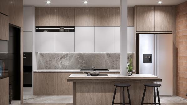 Customized Modern Kitchen Cabinet with Veneer Door Finish and HardWare Options