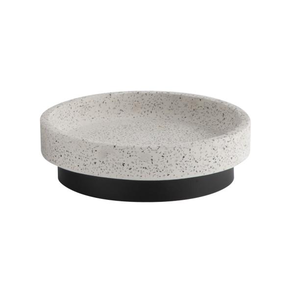 White Sand Polyresin Bathroom Accessories Set Round Soap Dish For Bathroom 12Dx3.5Hcm With Black Parts