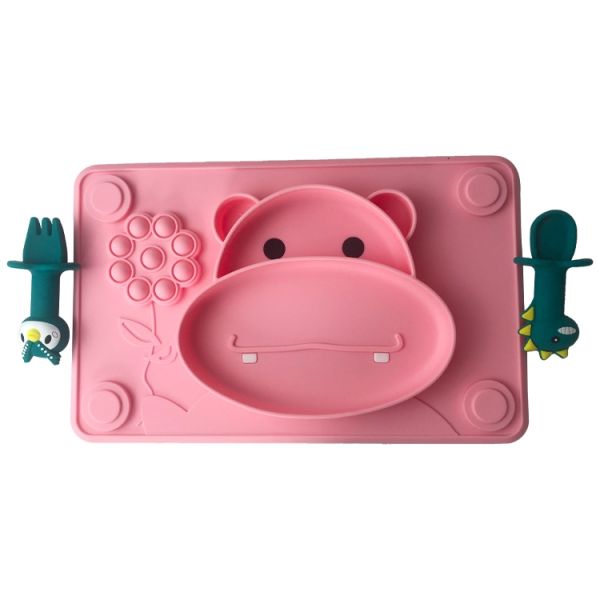 Pink Silicone Baby Tray Food Grade Cow Shape BPA Free Feeding Suction Plate