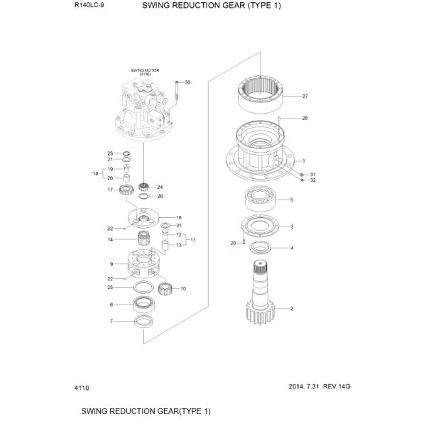 31Q4-11131AR 31Q4-11130 31Q4-11140 39Q4-12100 For Hyundai R125LCR-9A R140LC-9 R140LC-9A R140LC-9 EXCAVATORS PARTS Hydraulic Swing Motor SWING GEARBOX SWING REDUCTION GEARA aftermarket Original