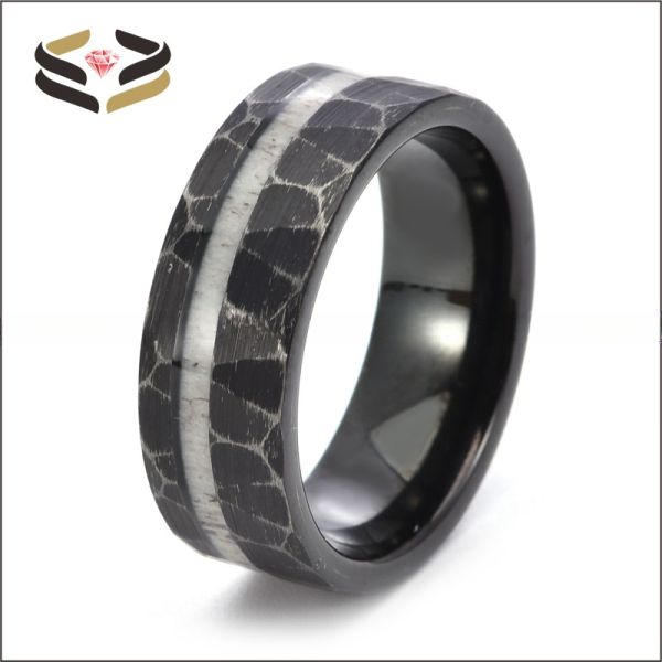 Black Tungsten Carbide Ring With Offset Groove Whiskey Barrel Wood Stone Deer Antler Inlay
