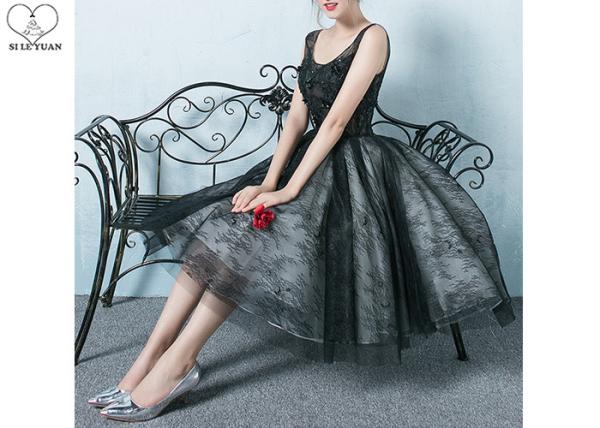 Black Sleeveless Short Length Prom Dresses Bandage Perspective Lace Flowers