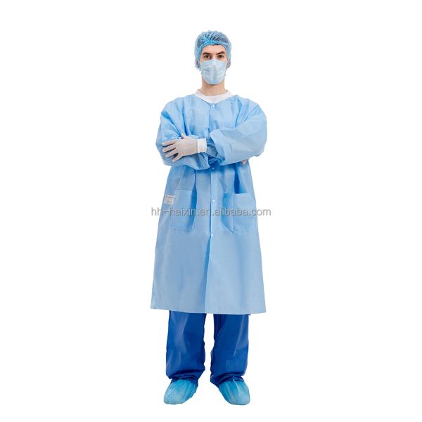 Soft Blue Medical Lab Coats Knitted Cuff Disposable Gown Protective Button Style Surgery Gown