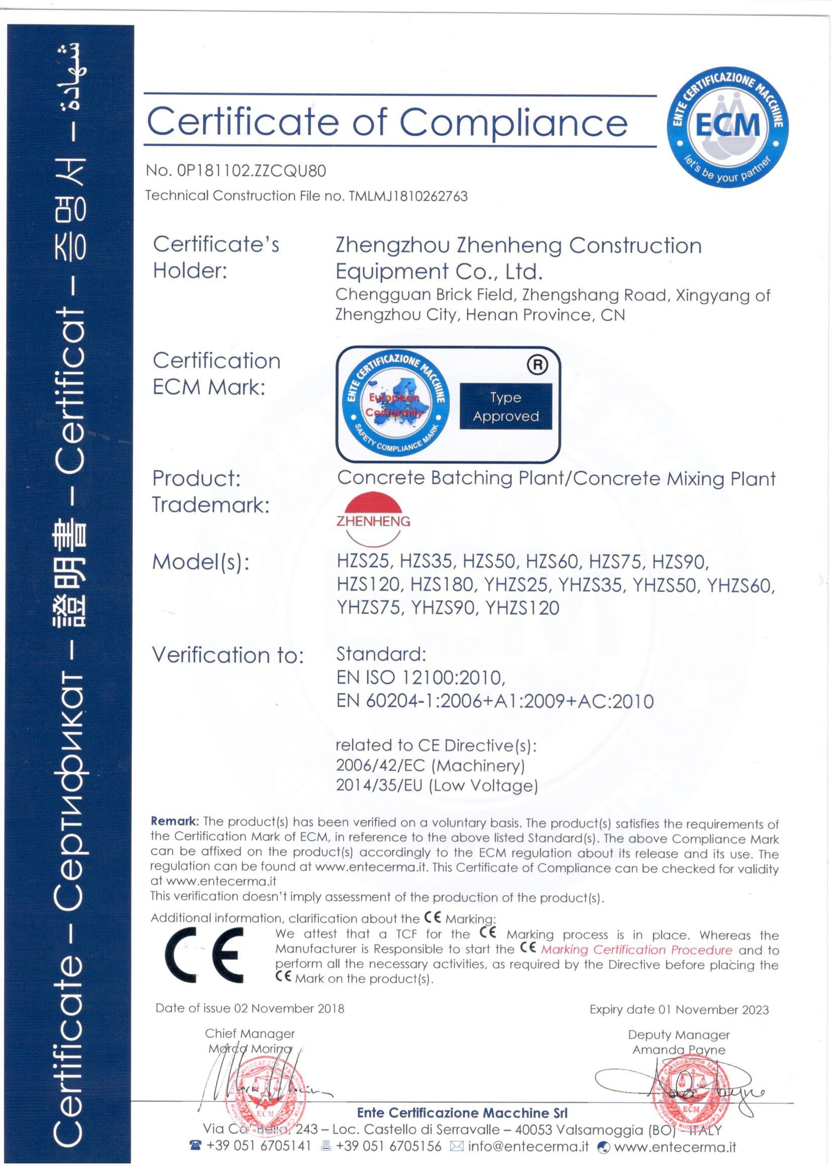 Zhengzhou Zhenheng Construction Equipment Co., Ltd. Сертификации