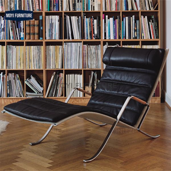 Villa Genuine Leather Italian Style Accent Chair with Leather Armrest Metal Frame High Back Support Black Leisure Chair