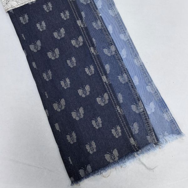 Butterflies Pattern Jacquard Dark Blue Denim Fabric Cotton Polyester 10oz for Special Design Jeans