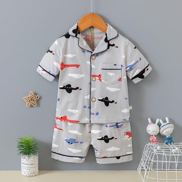 Lapel Versatile Cardigan Pajama Set Cartoon Plane Short Sleeve Button Up Pyjamas