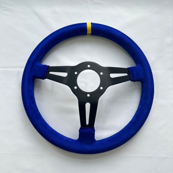 DELUXON Universal Blue Suede Racing Steering Wheels 350mm 70MM Dish 6 Bolt With Black Stitching Black Spoke 