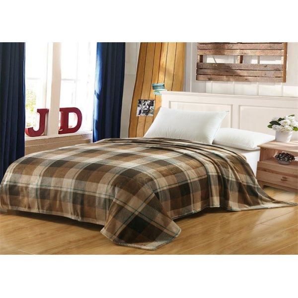 Brown Checkered Fleece And Flannel Blanket , MOHAP Lightweight Flannel Blanket