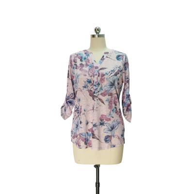 Soft Floral Print Henley Top with Roll-Up Sleeves