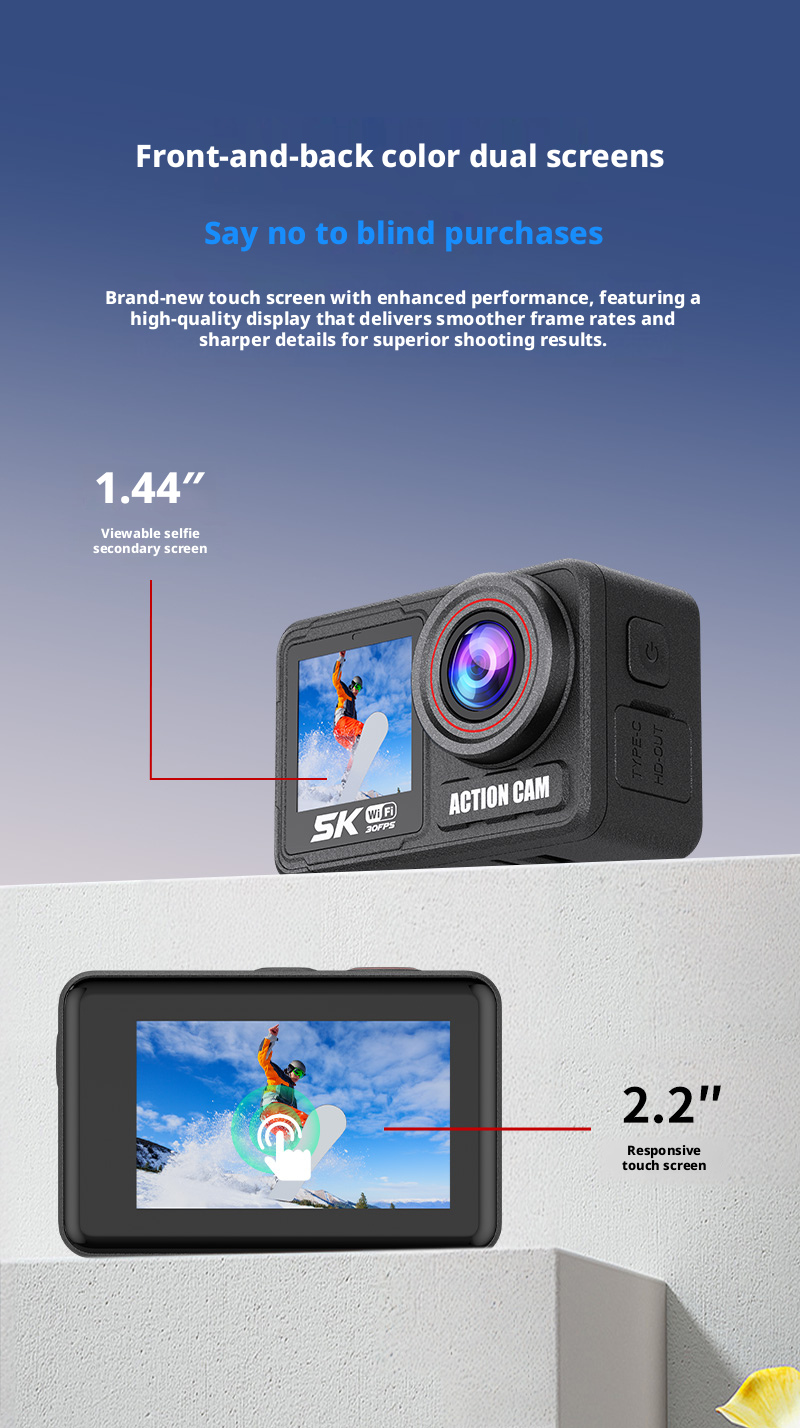 Factory Directly Supply 5K Action Camera Dual Touch Screen with Custom Service for Outdoor Diving and Camping