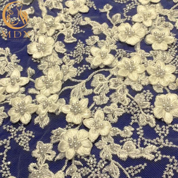 White 3D Applique Embroidery Beaded Lace Fabric For Bridal Dress