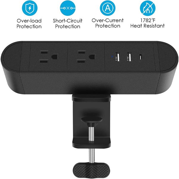 ROHS Aluminum Desk Clamp Power Outlet Center 20W 45mm 125V