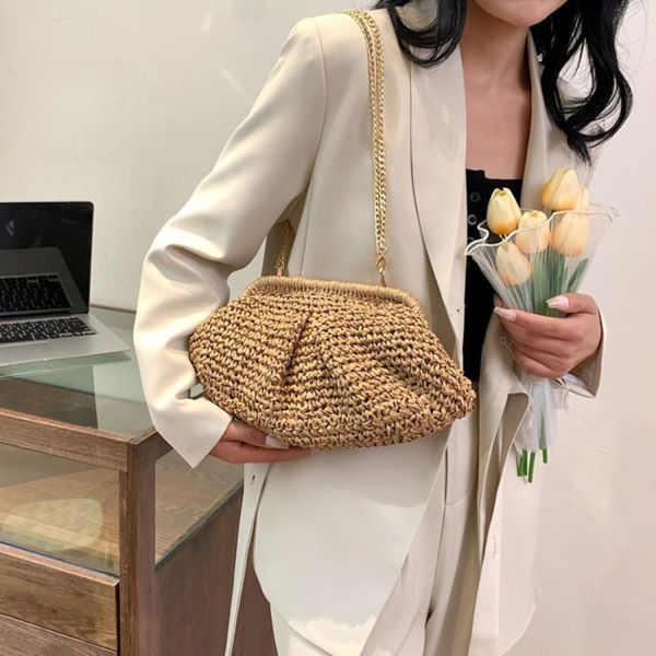 BEACH CHIC WOMEN'S RAFFIA STRAW DUMPLING CLUTCH STYLISH SUMMER VACATION CROSSBODY BAG RATTAN PURSE
