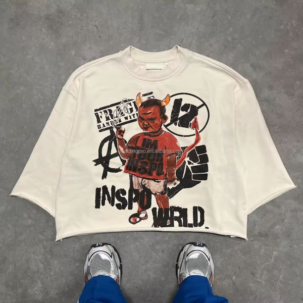 T-shirt pour homme en coupe couleur 100% coton poids lourd imprimé graphique 3/4 manche