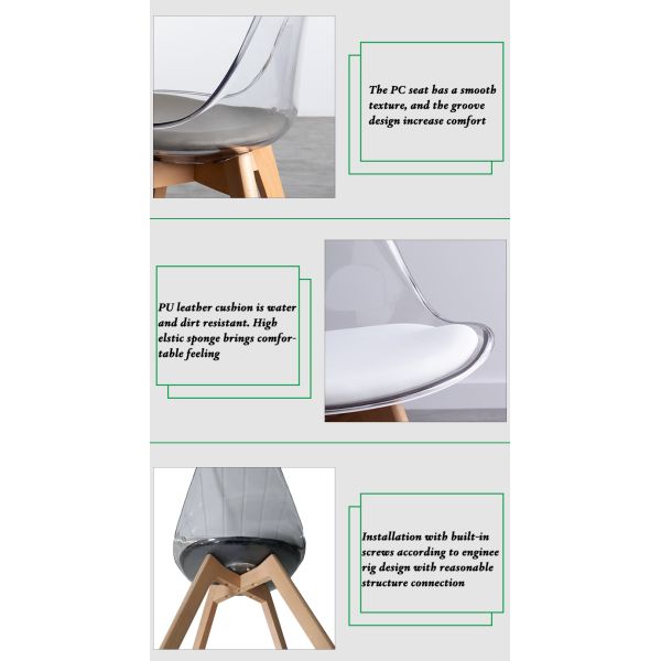 Chaise de salle à manger en acrylique transparent pour PC avec pied en bois