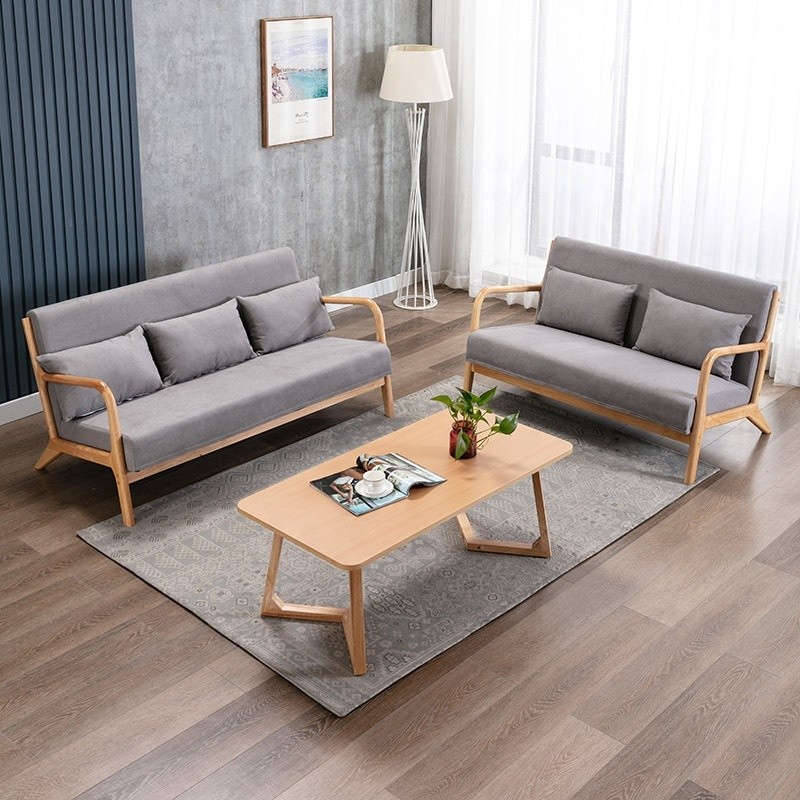 Home Office Natural Rubber Wood Fabric Sofa Set Furniture Combination for Small Family