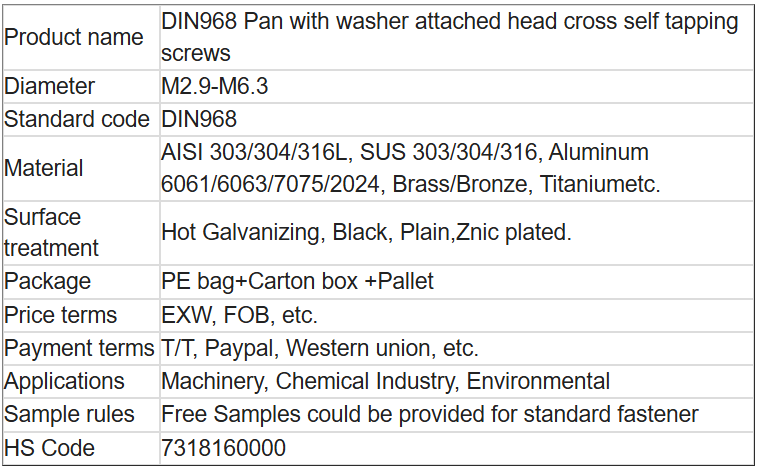 DIN968 Pan with washer attached head cross self tapping screws
