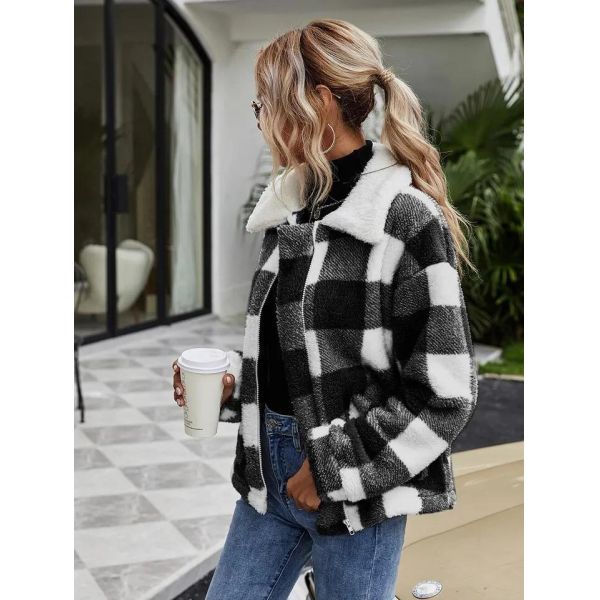                  Fashion Fleece Zipper Womens Coats Plaid Flannel Jacket Luxury Coat Casual Winter Stylish             