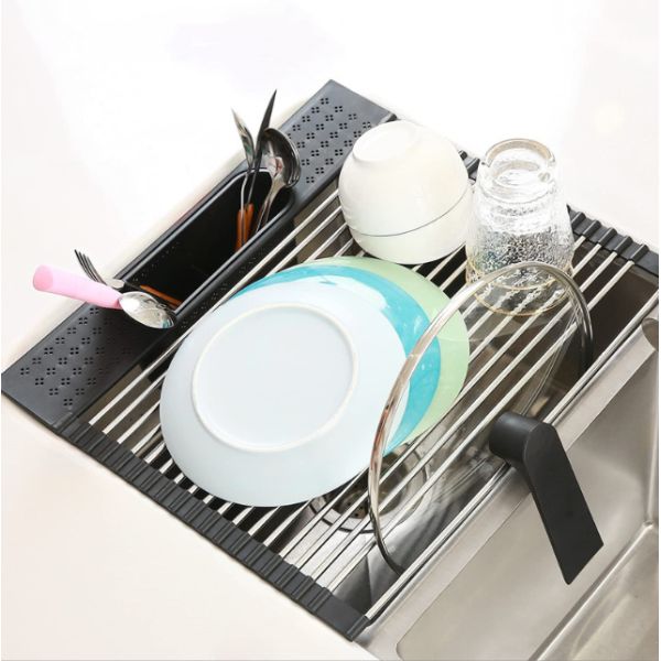 Over The Sink Roll Up Dish Drying Rack Stainless Steel Kitchen With Utensil Holder