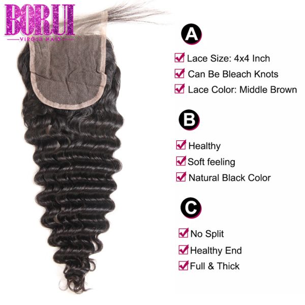 Brazilian Deep Wave Closure Natural Color With Baby Hair Environmentally Friendly