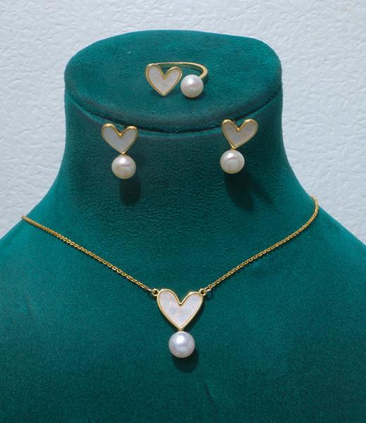 Natural Pearl Shell Chokers Necklace Heart Shape 925 Sterling Silver Necklace Shell Earring Ring Jewelry for Women Gift