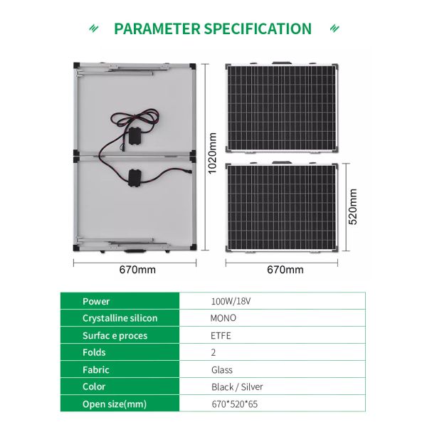 Mono 100 Watt PV Folding Solar Panel Glass 670*520*65mm 18V for Public Places