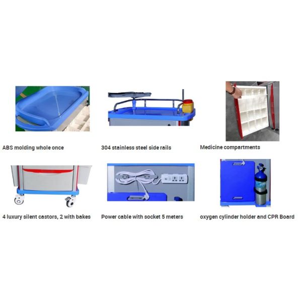 Hospital ABS Medicine Crash Cart Drawers Emergency Medical Trolley