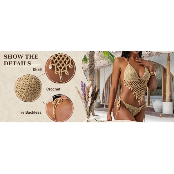 Women'S Boho Hollow Out Halter Bikini Sets Shell Crochet Summer Beach Swimsuit Bathing Suit Skirt Knitted Texture One-Piece Short Hand Crochet Shawl Swimsuit Cover Ups Fashion Accessories