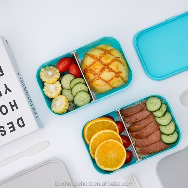 Large Capacity Custom Printed Eco-friendly Double-Layer Lunch Box with PP Lid and Cutlery Set 2000ml