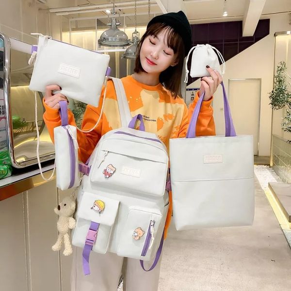 Girls School Bag Set Canvas 5 Piece Backpack Set Sling  Pencil Bag ODM