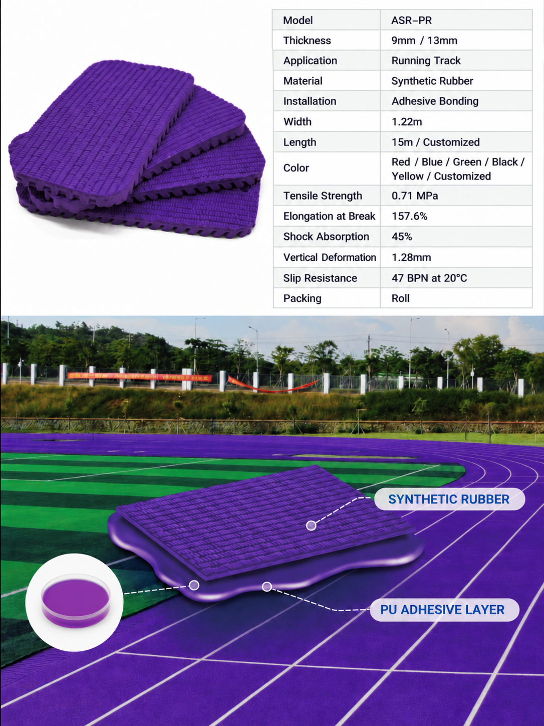 9mm/13mm Thickness Prefabricated Running Track