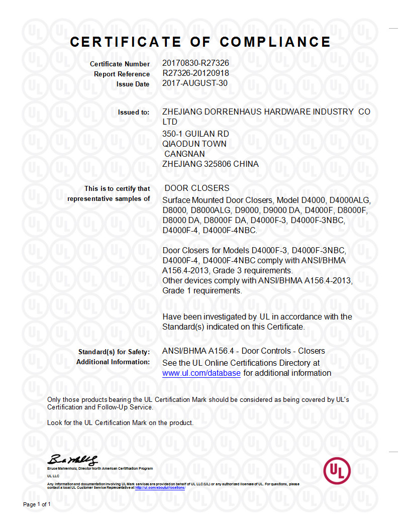 Zhejiang Dorrenhaus Hardware Industrial Co., Ltd. Сертификации