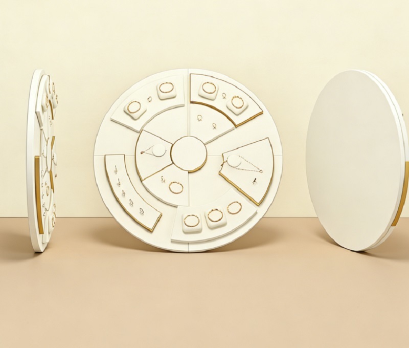 Premium White Velvet Jewelry Display Set with Gold Trim and Rotating Circular Structure for Luxury Jewelry Stores