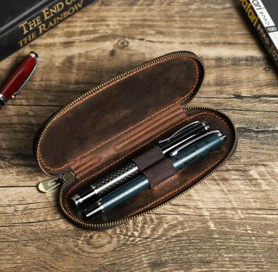 CROSS-BORDER RETRO CRAZY HORSE LEATHER PEN BAG HANDMADE 2 OVAL ZIPPER PORTABLE PEN CASES