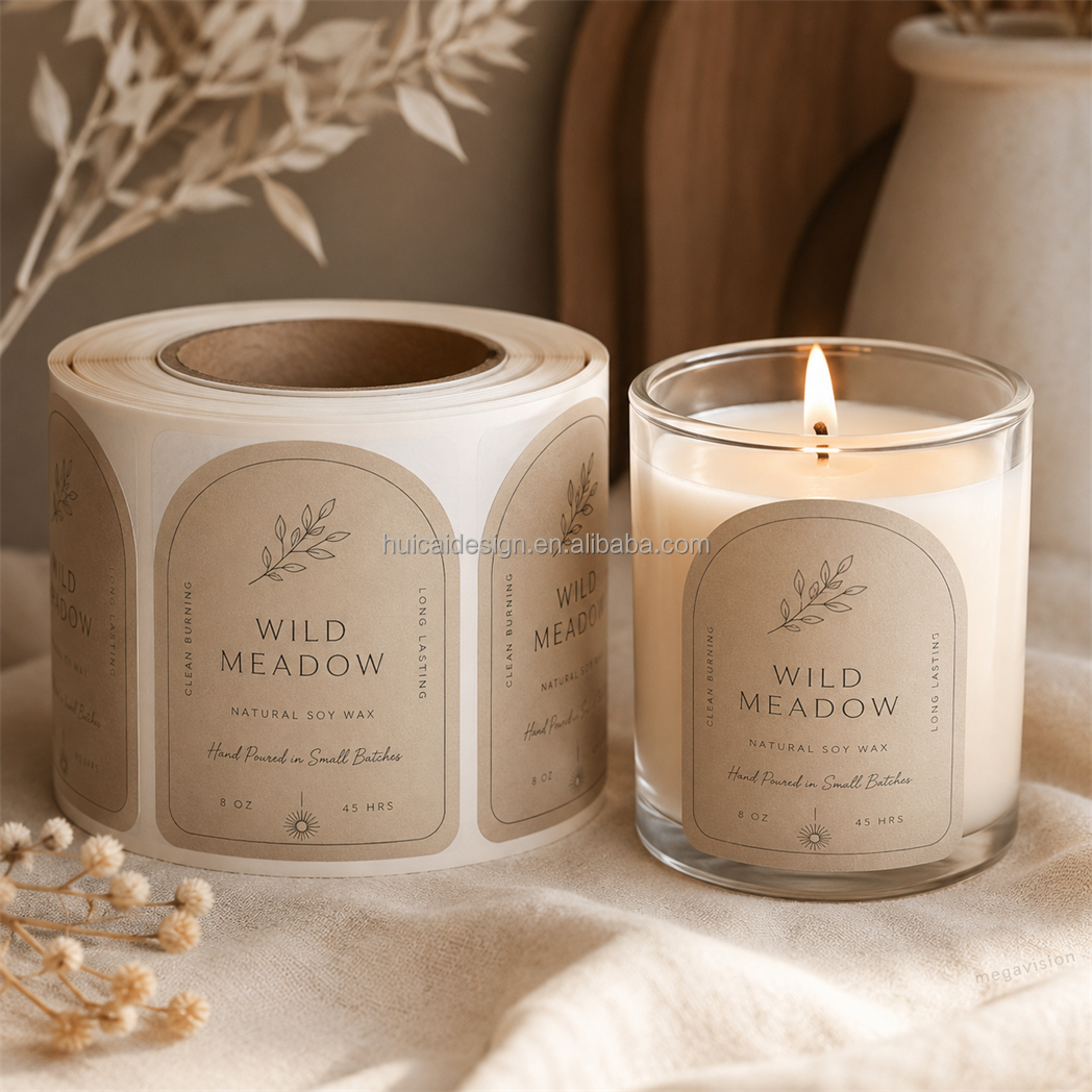 Custom Linen Textured Paper Candle Labels Stickers for Soy Candle Jars Kraft Waterproof Adhesive Vintage Labels