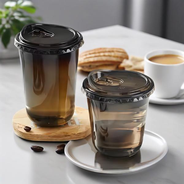 PET Black Plastic Disposable Cups Lids Single Wall 12oz Size Coffee Cups for Tea Cold Drinks