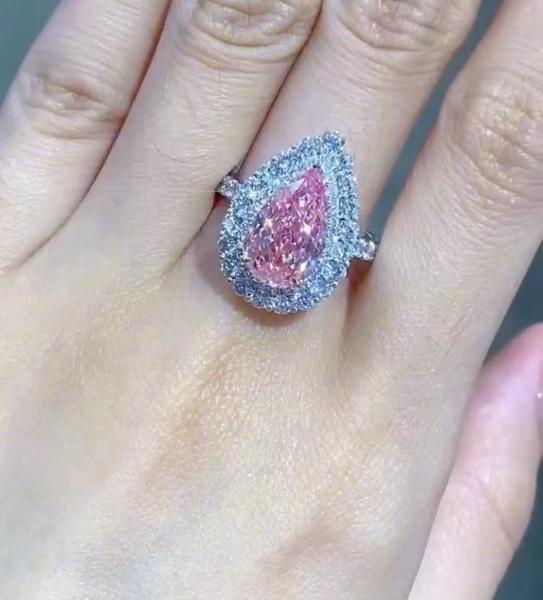 Anel de noivado de diamante rosa de corte de pêra casamento 18K ouro branco CVD anel de diamante