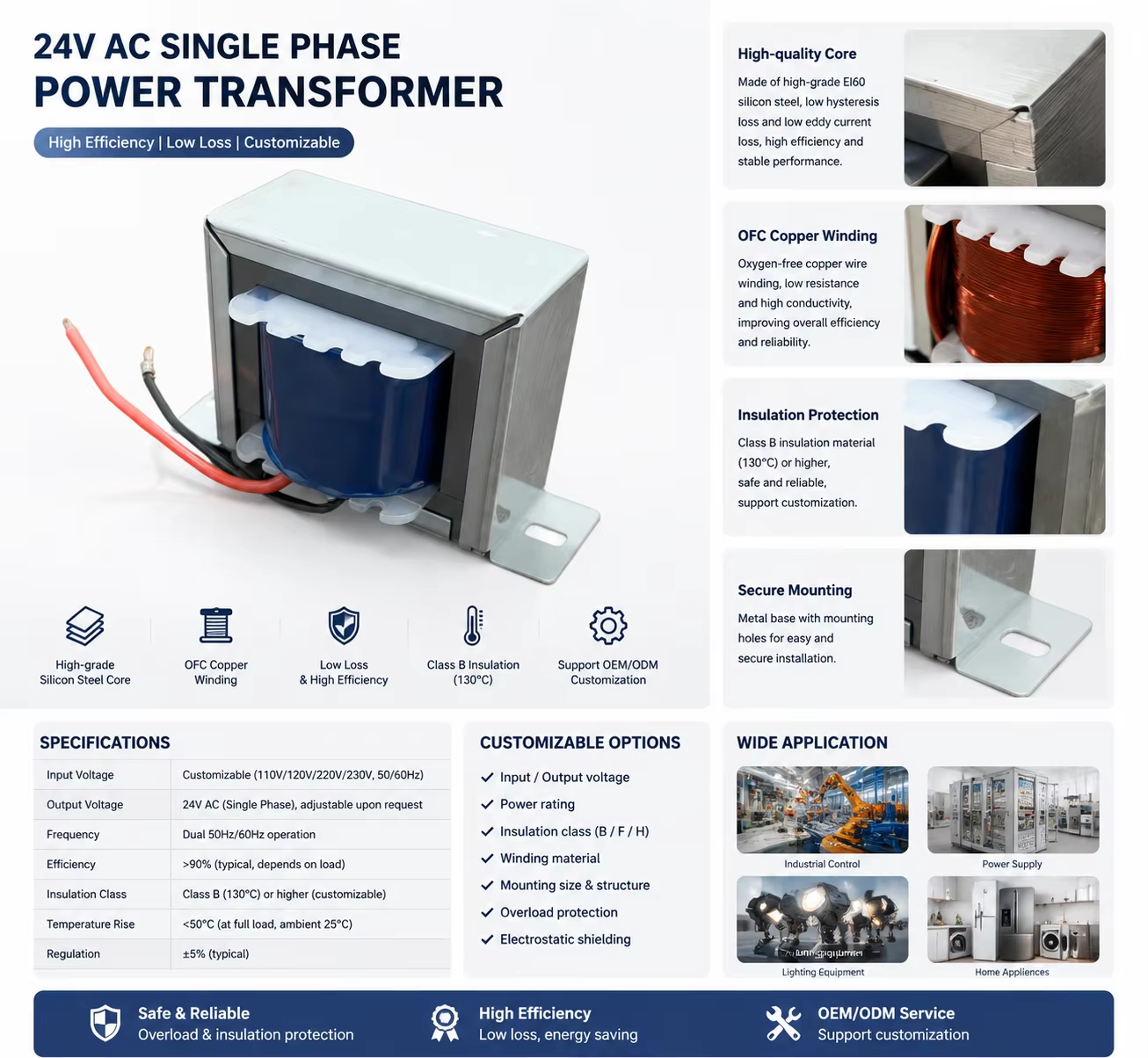 Customized EI60 24V AC Power Transformer with 50/60Hz Compatibility and Autotransformer Construction for Stable Power Supply