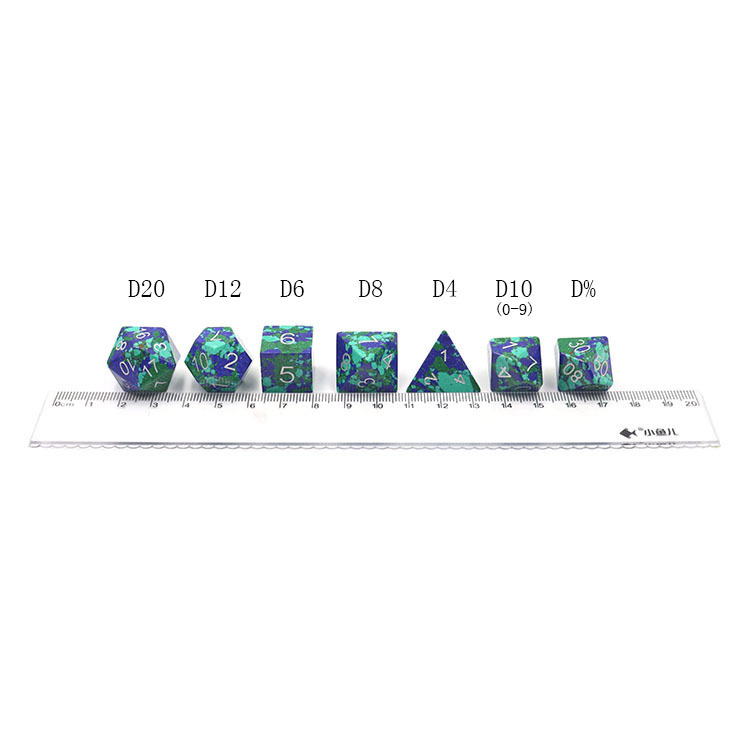 Natural Azurite Malachite Stone Polyhedral Dice Set - Hand Carved DND Dice with Silver Ink Engraved Numbers