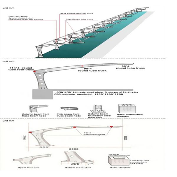 ПВДФ/ПТФЕ Окончание паруса Стальная конструкция 10x20 Металлический гаражный навес