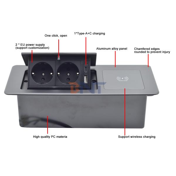Wireless Charging Power Socket Box Pop-up Electrical 2-Outlet Table with USB A+C Ports