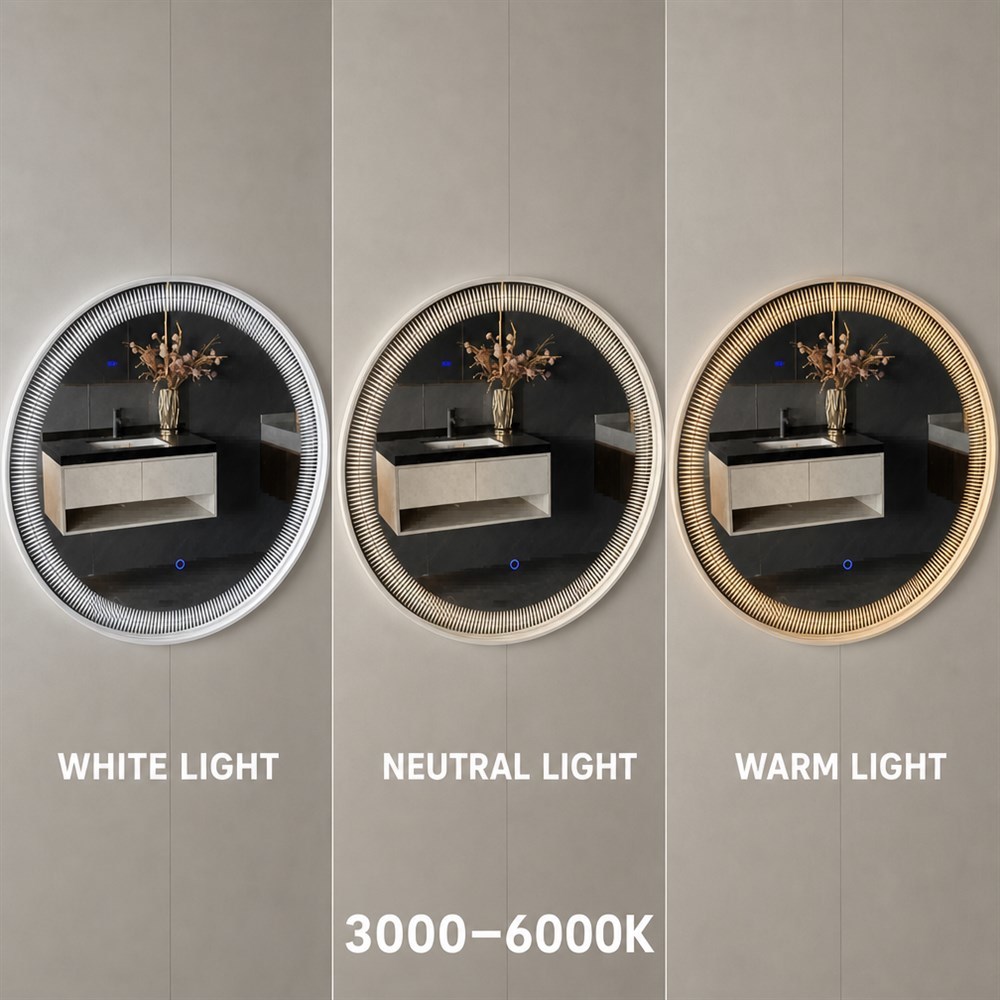 Round Textured Frame LED Bathroom Mirror with Touch Sensor Switch and Dimmable Light in Copper-free Silver Mirror