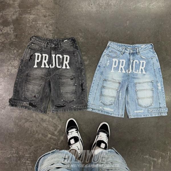 Broderie personnalisée patchs de chemise brutes Logo de haute qualité vêtements de rue sac à dos en détresse Jeans noirs lavés en denim Shorts pour hommes