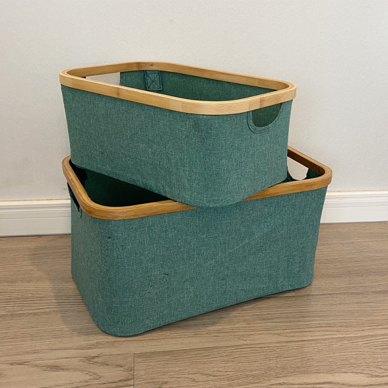Custom Large Capacity Rectangle Bamboo Storage Basket Oxford Cloth Toy Organizer Box for Bathroom Wardrobe Dirty Clothes Storage