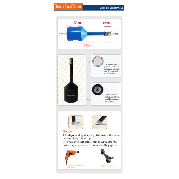 Паяемые вакуумом биты пустотелого сверла диаманта для хвостовика M14 фарфора кафельного керамического 6mm