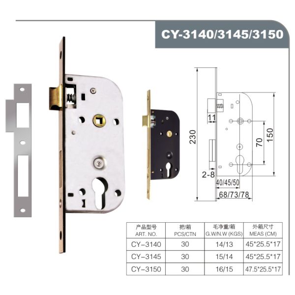 35-50mm Door Thickness Mortise Door Lock with Single Cylinder and GP / CP / AB / SN Finish