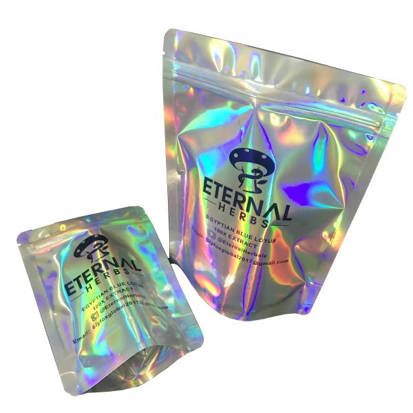 Custom printed logo hologram mylar zipper bag /printed holographic plastic bag
